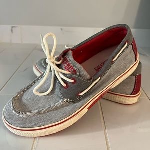 Sperry Top-Sider canvas boat shoe, red and gray, kid’s, size 3.5